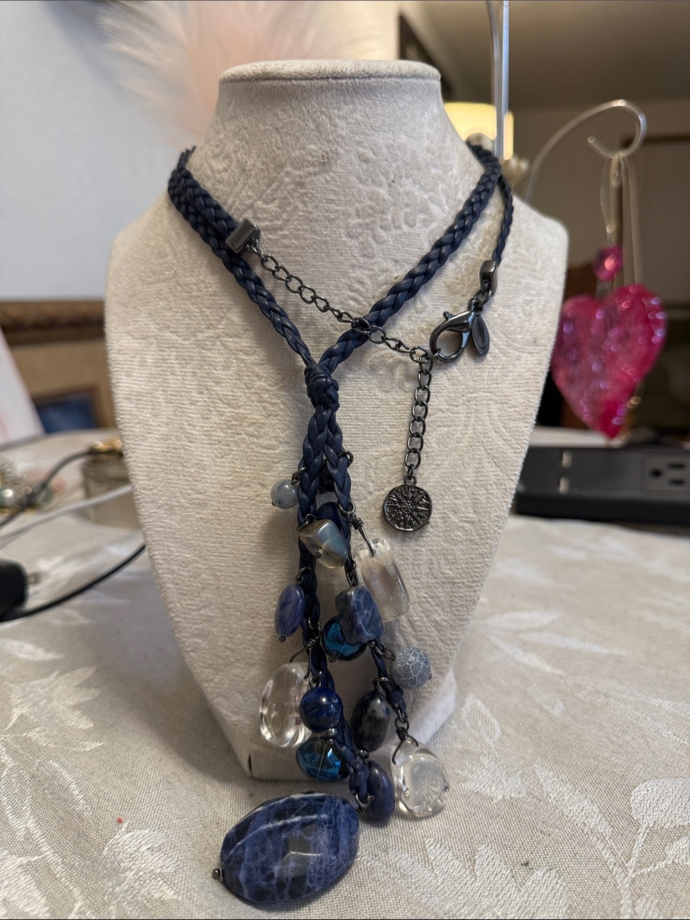 Chico's Braided Navy Lariat Necklace with Mixed stones, Sodalite, Quartz, glass!